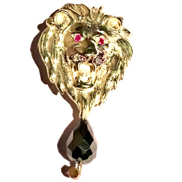 OOAK 14K NATURAL DIAMOND RUBY LARGE BLACK DIAMOND MALE LION PENDANT - Picture 2 of 4